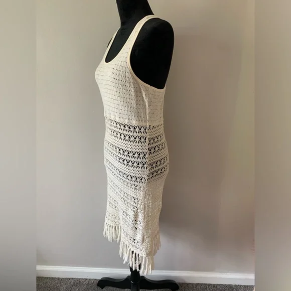 Solitaire Swim Crochet Fringed Cream Cotton Swim Coverup - Picture 2 of 14